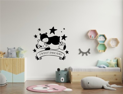 Creatick Studio 77 cm Sweet Dreams Sleeping Baby with Bear wall sticker for Baby room (PVC Vinyl 77 cm X 77 cm) Self Adhesive Sticker(Pack of 1)