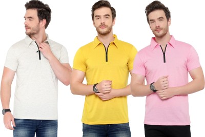 Adorbs Solid Men Polo Neck Pink, Grey, Yellow T-Shirt