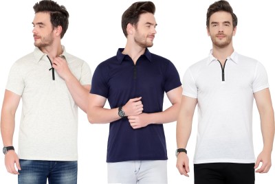 Adorbs Solid Men Polo Neck Dark Blue, White, Grey T-Shirt