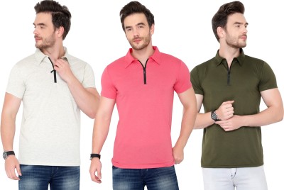 Adorbs Solid Men Polo Neck Green, White, Pink T-Shirt