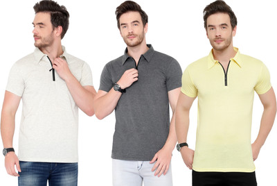 Adorbs Solid Men Polo Neck Grey, Yellow T-Shirt