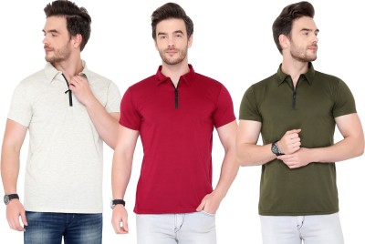 Tivy Solid Men Polo Neck Dark Green, Maroon, Grey T-Shirt