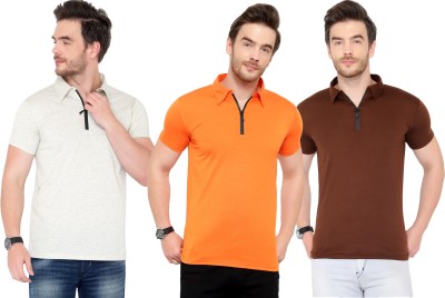 Tivy Solid Men Polo Neck White, Brown, Orange T-Shirt