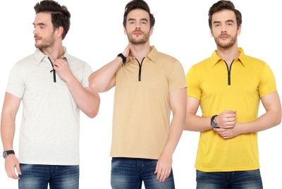 Tivy Solid Men Polo Neck Grey, Beige, Yellow T-Shirt