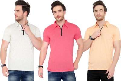 Adorbs Solid Men Polo Neck White, Pink, Orange T-Shirt