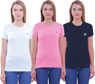 SHELLOCKS Solid Women Round Neck Pink, Blue, White T-Shirt