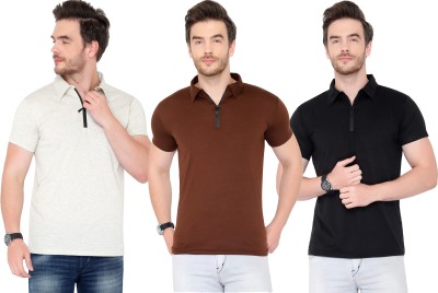 Tivy Solid Men Polo Neck Brown, Black, Grey T-Shirt