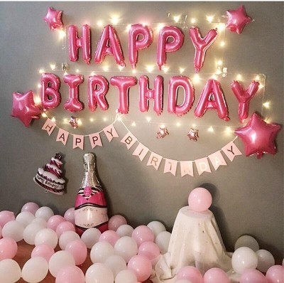 Bash N Splash Solid Pink Happy Birthday Party Decoration with Star balloon Pink white balloon & Bottle cake Balloon (Pack of 55) Balloon(Pink, White, Pack of 55)