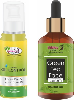 Sibley Beauty Green Tea Face Serum ( 1 x 50 ml ) + Oil Control Lemon Peel & Lemongrass Oil Face Wash ( 1 x 100 ml ) - Pack of 2 - for Men Women Boys Girls Oily Normal Dry Combination Skin(2 Items in the set)