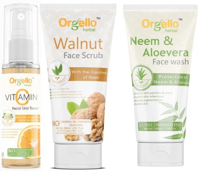 orgello Herbal Vitamin C Toner Combo (100 ml ) With Neem And Aloe Vera Face Wash ( 100 ml ) + Walnut Scrub (60g) - Pack Of 3 - for men women girls boys normal oily dry skin sls paraben mineral oil free(3 Items in the set)