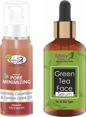 Sibley Beauty Green Tea Face Serum ( 1 x 50 ml ) + Pore Minimizing Tomato, Cucumber and Lemongrass oil Face Wash (1 x 100 m) - Pack of 2 - for Men Women Boys Girls Oily Normal Dry Combination Skin(2 Items in the set)