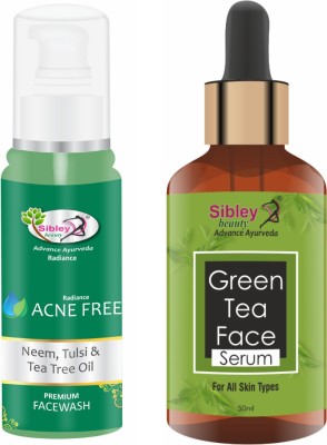 Sibley Beauty Green Tea Face Serum ( 1 x 50 ml ) + Neem Tulsi Tea Tree Oil Acne Face Wash (1 x 100 ml) - Pack of 2 - For Wrinkles Skin Glowing brightening face Serum for men, women, girls, boys, oily, dry, normal, combination skin(2 Items in the set)