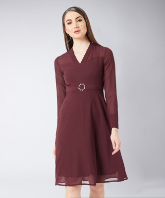 Miss Chase Women Fit and Flare Maroon Midi/Calf Length Dress