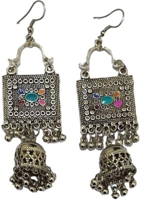 athizay Silver Beaded Large Tribal Antique Texture Drop and dangle Earrings With Hangings Jhumki Long Earring set 9 cm Tall Stone, Metal Jhumki Earring