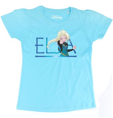FROZEN Girls Typography, Printed Pure Cotton T Shirt(Blue, Pack of 1)
