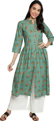 Fabclub Women Printed Flared Kurta(Light Green)