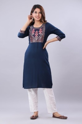 M S HUB Women Embroidered Straight Kurta(Blue)