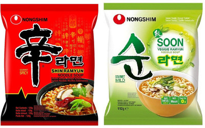 Nongshim Shin Ramyun & Soon Veggie Instant Noodles 120gm*2 Pack (Pack of 2 Multi-Pack) (Imported) Instant Noodles Vegetarian(2 x 120 g)