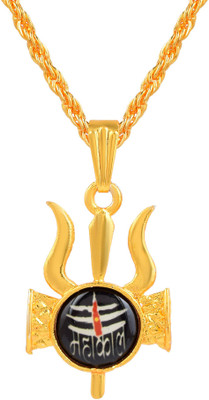 morir Gold Plated Lord Shiva’s Mahakal/Mahakaal Engraved Trishul (Trident) Damru Shiv Symbols Pendant Locket Necklace Spiritual Temple Jewellery for Men/Women Gold-plated Brass Pendant