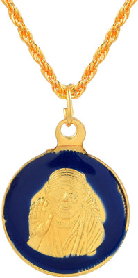DULCI Gold Tone Blue Enamel Om Sairam of Shridi Reversible Both Sided Pendant Necklace Great Gift Idea Jewelry for Men/Women Gold-plated Brass Pendant