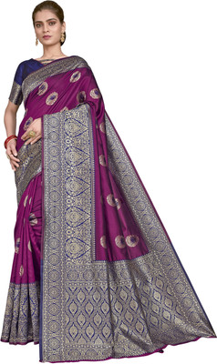 Sariya Woven Banarasi Silk Blend, Jacquard Saree(Purple, Blue)