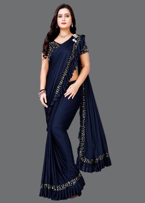 Ejoty Fashion Solid/Plain Bollywood Silk Blend Saree(Blue)