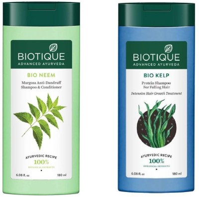 BIOTIQUE Bio Neem Margosa Anti Dandruff Shampoo and kelp protein shampoo combo 180ml * 2pc(360 ml)