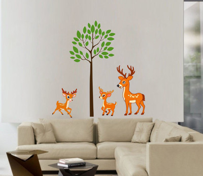 VCREATE DECOR 74 cm Tree with Dear Removable Sticker(Pack of 1)