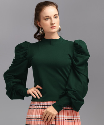 DL Fashion Casual Full Sleeve Solid Women Green Top