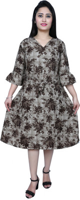 LIBSADRESSES Women Floral Print Anarkali Kurta(Grey)