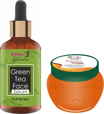 Sibley Beauty Green Tea Face Serum ( 1 x 50 ml ) + Papaya Fruit Moisturizer Gel for Face (1 x 100 gm.) - Pack of 2 - for Men Women Boys Girls Oily Normal Dry Combination Skin(2 Items in the set)