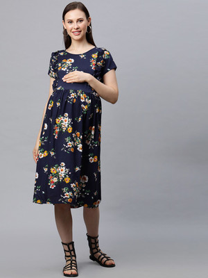 MomToBe Women Fit and Flare Dark Blue Knee Length Dress