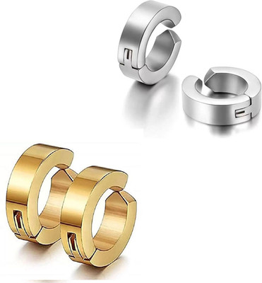 RAUR 2 Pair Silver Gold studs Earring Bali Non Pierced Hoop Earrings Combo For Men / Gents / Boys / Women / unisex ComboStuds-25 Stainless Steel Hoop Earring