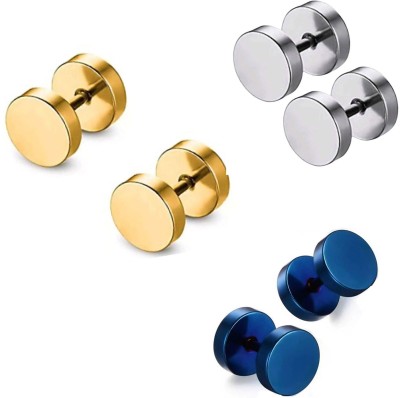 RAUR 3 Pair Gold Silver Blue studs Earring Bali Hoop Earrings Combo For Men / Gents / Boys / Women / unisex ComboStuds-43 Stainless Steel Earring Set