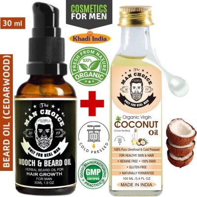 THE MAN CHOICE ONLY FOR REAL MAN HERBAL MOOCH & BEARAD OIL -12x Oils Blend for Strong & healthy Beard Growth Hair Oil with Argan oil, Black Seed oil, Cedarwood oil, Thyme Oil, Almond oil & Vitamin E. + Pure Organic Virgin Coconut Oil (Cold Pressed) For Hair, Body, Skin Care, Massage Hair Oil 100 ML 