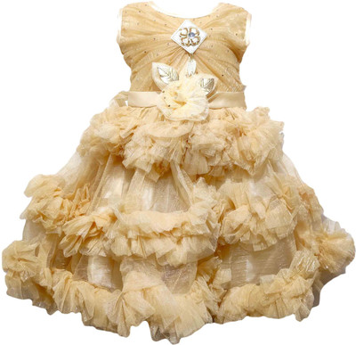 socho samjo Indi Baby Girls Midi/Knee Length Festive/Wedding Dress(Gold, Sleeveless)