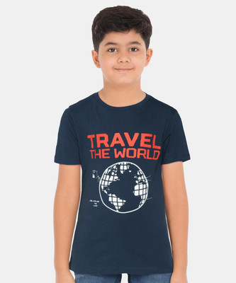 PROVOGUE Boys Graphic Print Pure Cotton T Shirt(Dark Blue, Pack of 1)