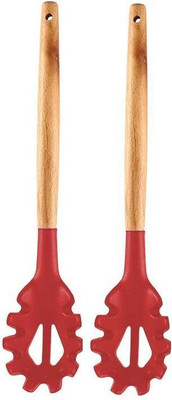 Woodtula Silicone Pasta Fork Spaghetti Strainer & Server Spoon, Red Set of 2 Wooden Spatula(Pack of 2)