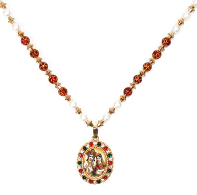 Shri Ram Creations Red-White Bead Chain Mala with Bhagwan Radha Krishna Unbreakable Pendent Pack of 10 Beads Metal Pendant