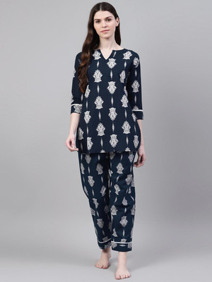 Stylum Women Floral Print Blue, White Top & Pyjama Set