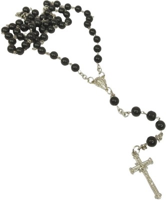 Stylewell Unisex 6mm Black Moti Stone Rosary Beads Metal Lord Holy Jesus Christ Cross Christian Catholic Cutting Fashion Isa Masih Locket Pendant Necklace With Chain Christmas Saint Praying Religious Spiritual Jewellery Set Stainless Steel