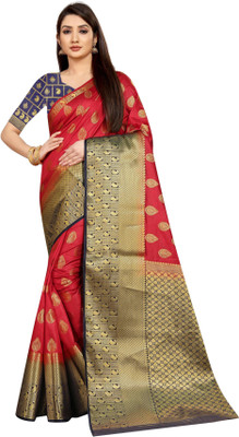 Matangi Exporter Self Design Banarasi Silk Blend Saree(Red)