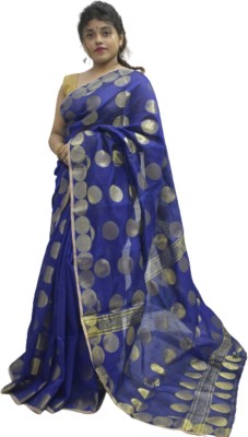 Paul Saree Solid/Plain Chanderi Cotton Blend Saree(Dark Blue)