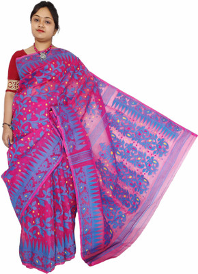 Mayabi Woven Jamdani Cotton Silk Saree(Blue, Pink)