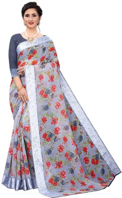 HARSH APPAREL Floral Print Daily Wear Linen Saree(Blue)