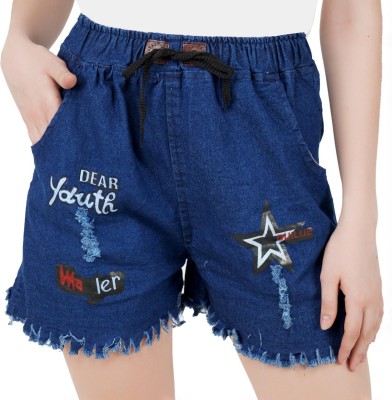 BLUENISH Printed Women Denim Dark Blue Denim Shorts