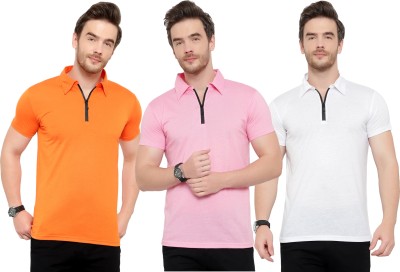 Adorbs Solid Men Polo Neck White, Pink, Orange T-Shirt