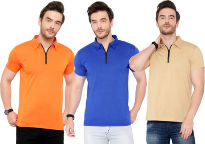 Adorbs Solid Men Polo Neck Blue, Orange, Beige T-Shirt