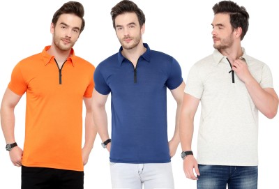 Moordale Solid Men Polo Neck Dark Blue, White, Orange T-Shirt