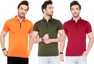 PHINSTAR Solid Men Polo Neck Dark Green, Orange, Red T-Shirt